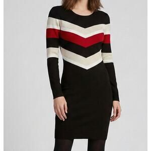 BCX Dress Medium Sweater Dress Black with Red and Beige Chevron Metallic